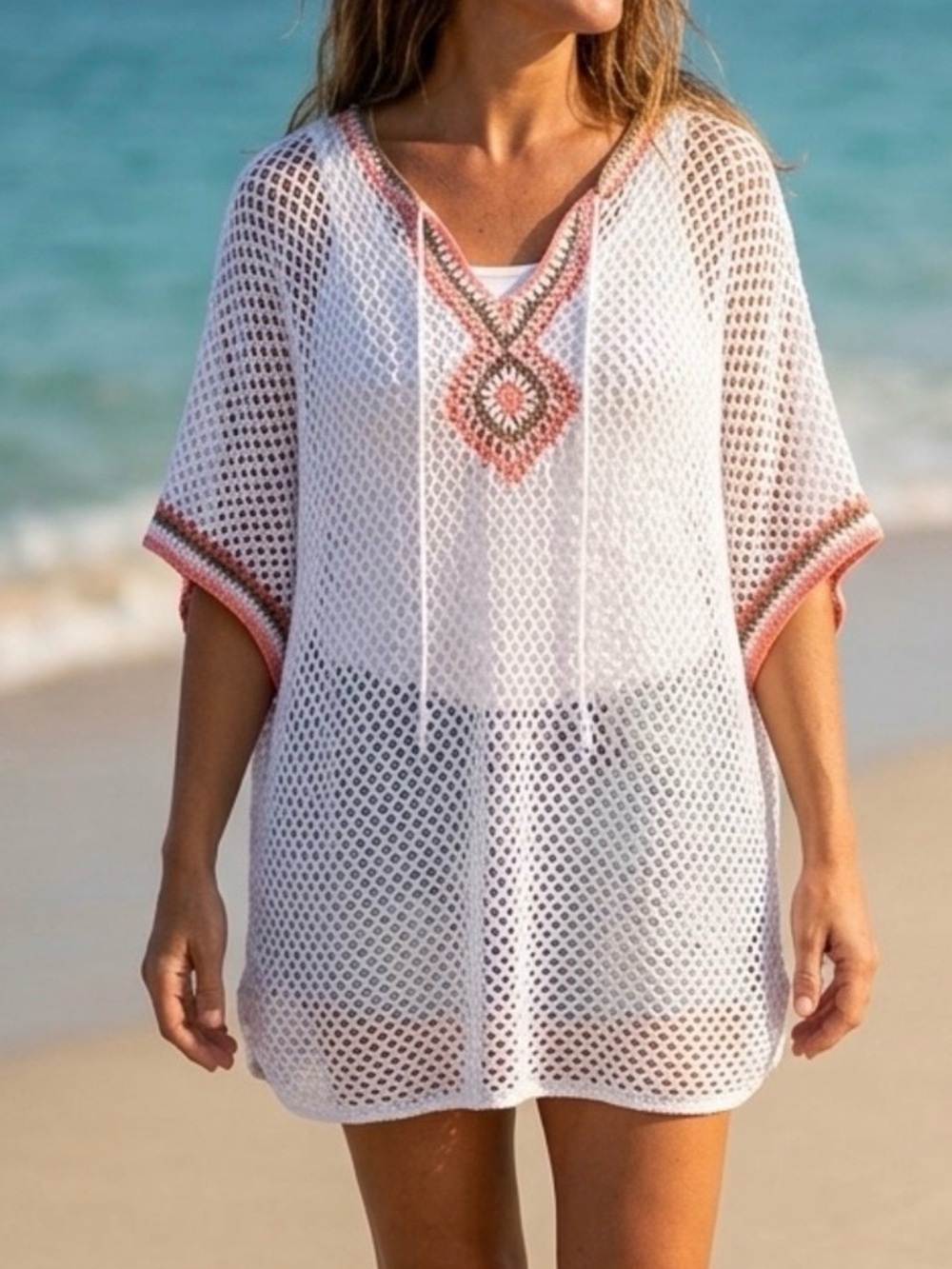 Tommy Bahama Linen Blend Crochet Knit Swim Cover Up Kaftan XL Boho Coastal